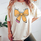Women's Inspirational Teacher Graphic T Shirt Pencil Bow Design Short Sleeve Tee Gifts for Teacher's Day Crew Neck Classic Tops