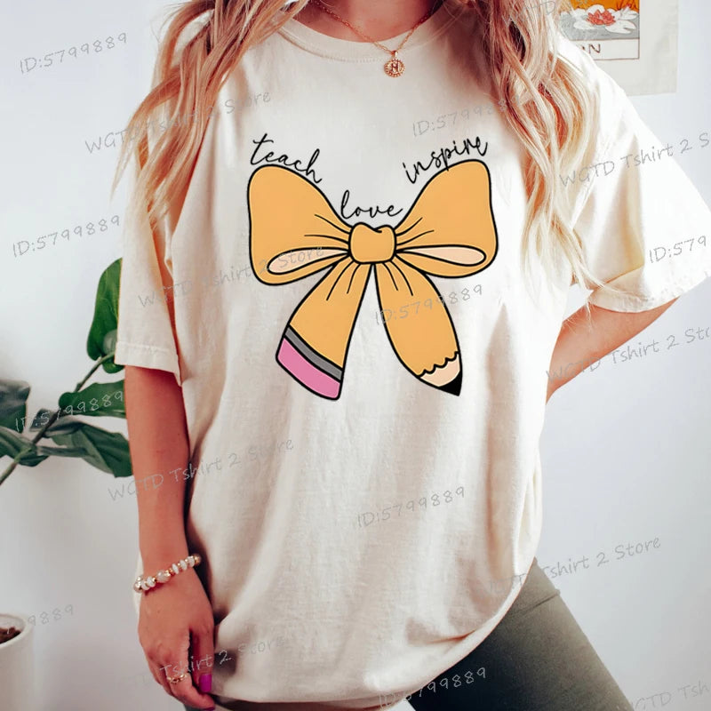 Women's Inspirational Teacher Graphic T Shirt Pencil Bow Design Short Sleeve Tee Gifts for Teacher's Day Crew Neck Classic Tops