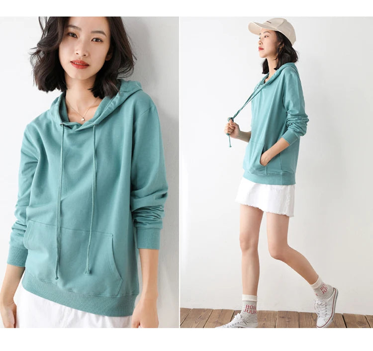 Women Hoodies 100% Cotton Spring Autumn Loose Long Sleeve Pullovers Solid Casual Ladies Outerwear Hooded Hoodie Womens Clothing
