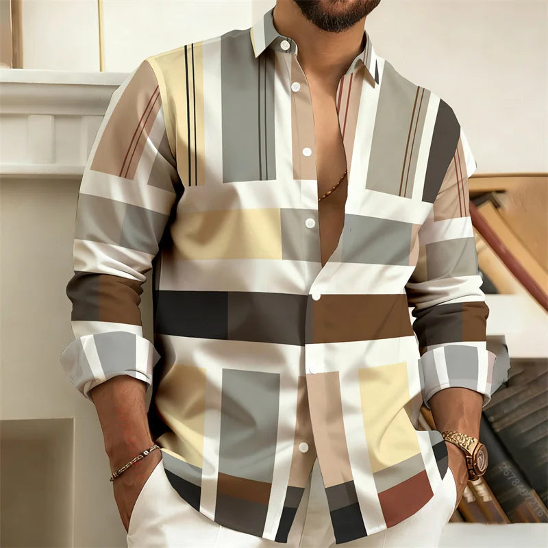 Men's Color-Blocked Striped Long-Sleeve Shirt, Retro Style Business Casual Shirt, Slim Fit Men's Trendy Top, Sizes S-6XL