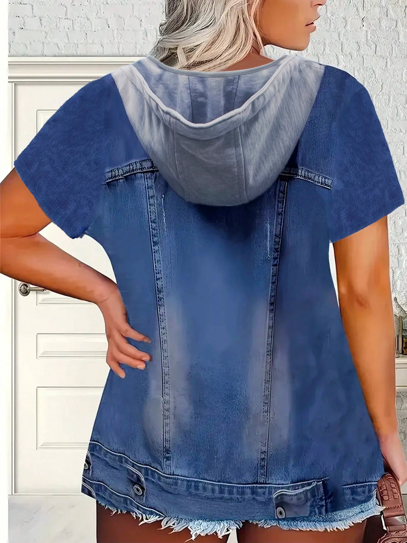 Plus size women's imitation denim casual short sleeved round neck top Western style denim style T-shirt versatile comfortable