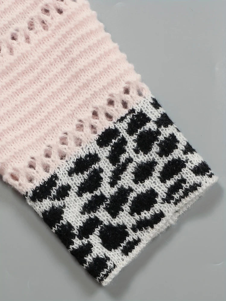 Plus Size Women's Autumn and Winter Pop Hooded Leopard Print Colour Block Sweater Casual Style Acrylic Material