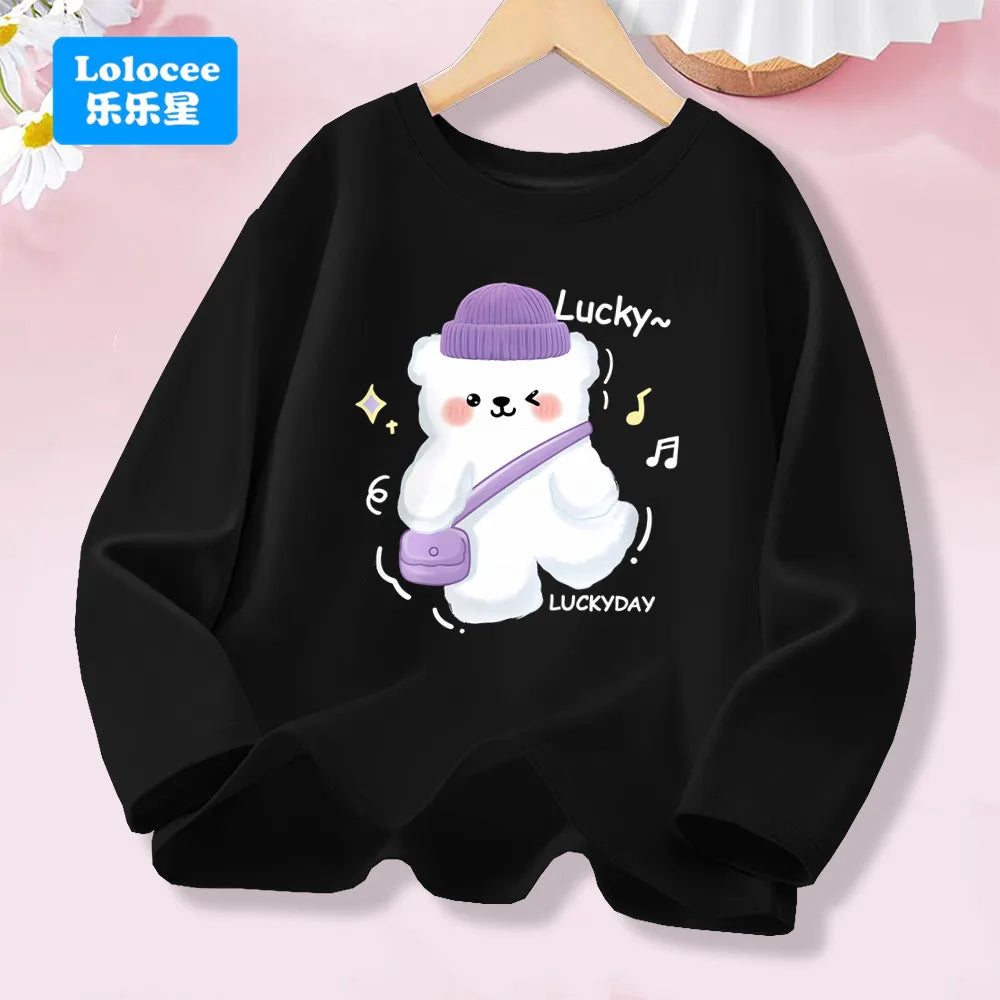Kawaii Lovely Heart T-shirt for Girls - Cute Pink Purple Heart Print Long Sleeve Top, Kids Casual Cotton Basic Shirt
