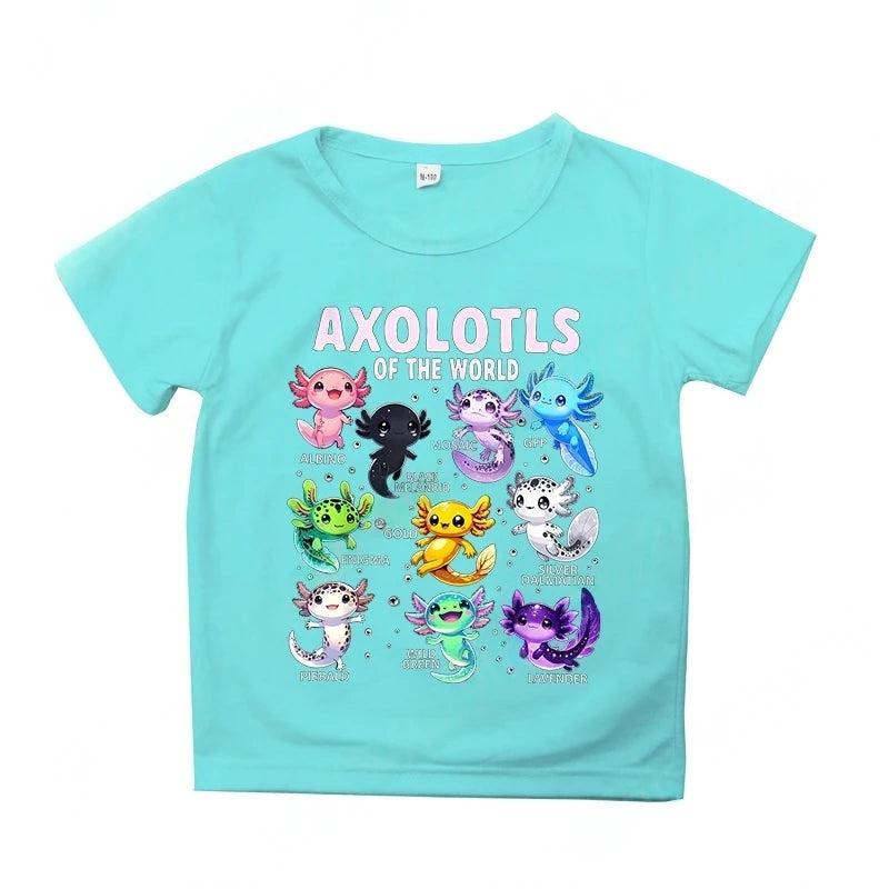 Colorful Cartoon Axolotls Graphic 3D Print T-Shirt Summer Casual Comfy Girls Clothes 2-10Y Short Sleeve T-Shirt for Children Top