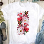 Beautiful Flower Print Women T-Shirts Casual Breathable Soft Short Sleeve Tops Loose Comfortable Street Female Clothes Pink T Sh