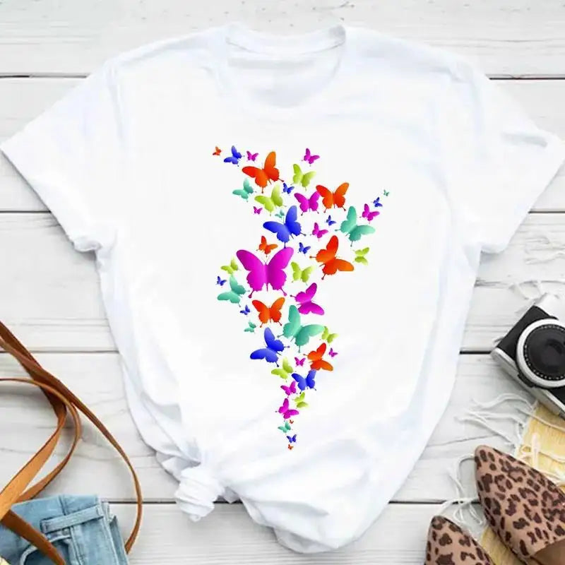 Fashion Women Men T Shirt Colorful Butterfly Petal Graphic Print T Shirt Casual Crew Neck Short Sleeve Plus Size T Shirt Unisex